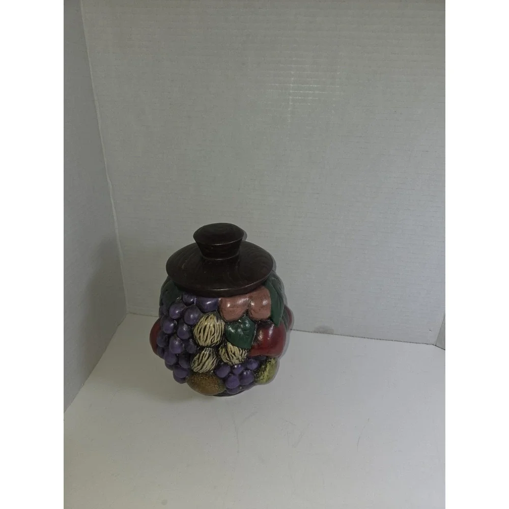 VINTAGE CERAMIC COOKIE JAR FRUIT BUNCH NUT HAND PAINTED